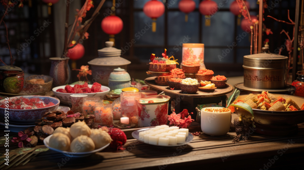 A table with various kinds of Lunar New Year treats.