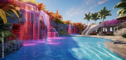 A luxurious backyard boasting a pool with a water feature wall that cycles through a rainbow of colors, creating 3D intricate, waterfall patterns, rainbow cascade © Nairobi 
