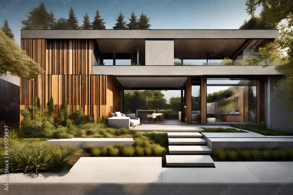 A sleek suburban home with a blend of concrete and wood elements, surrounded by a well-maintained garden.
