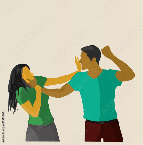 Husband beating up wife, assault concept vector illustration eps image of domestic argument violence and aggression against woman for magazine cover. furious adult couple fight with emotional stress