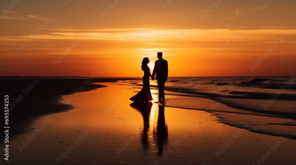 Romantic picture of Silhouettes of young couple on the beach at sunset.
