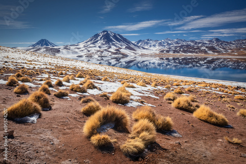 Laguna Miscanti with volcano reflection in Atacama desert in Chile photo