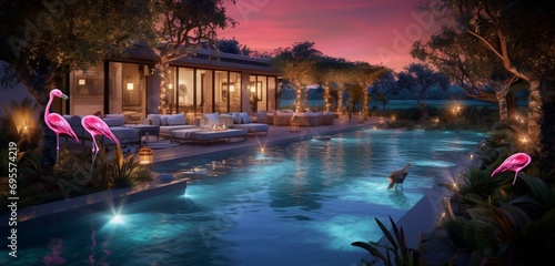A luxury backyard at twilight, with a pool displaying 3D patterns in neon aquamarine, bright carmine, and golden olive, enhanced by a serene bird sanctuary and an artistic light installation, in