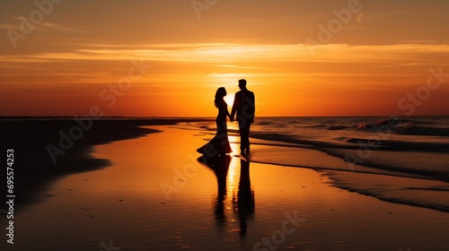Romantic picture of Silhouettes of young couple on the beach at sunset.
