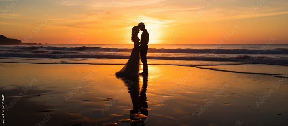 Silhouette of a couple on the beach at sunset. Valentine and love concept