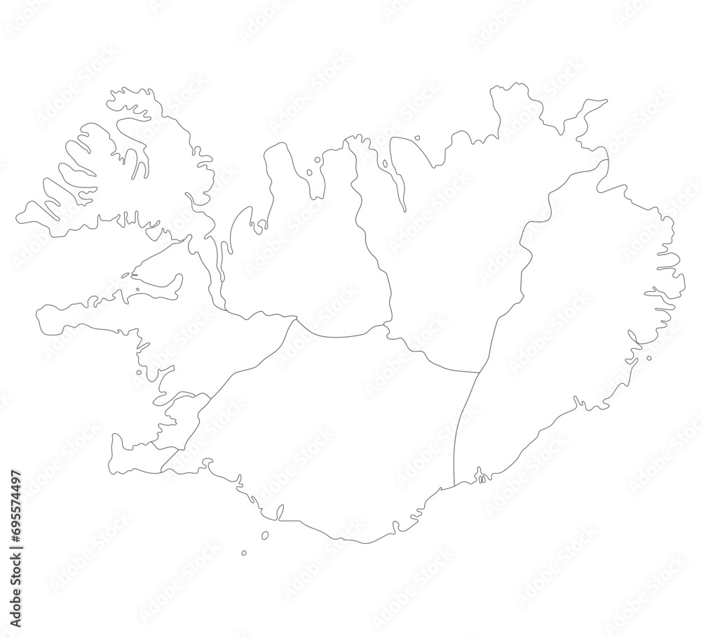 Iceland map. Map of Iceland in administrative regions in white color