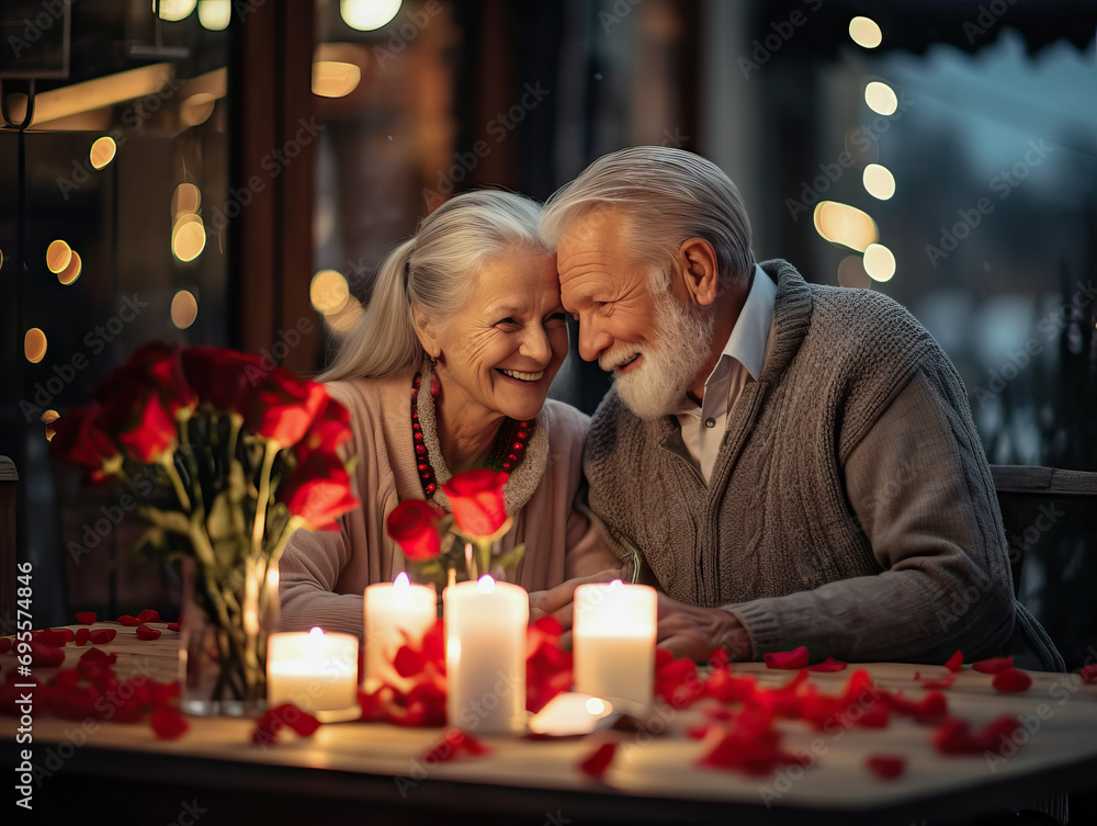 Elderly happy Caucasian couple in love having a romantic date with candles and flowers in a restaurant in the evening