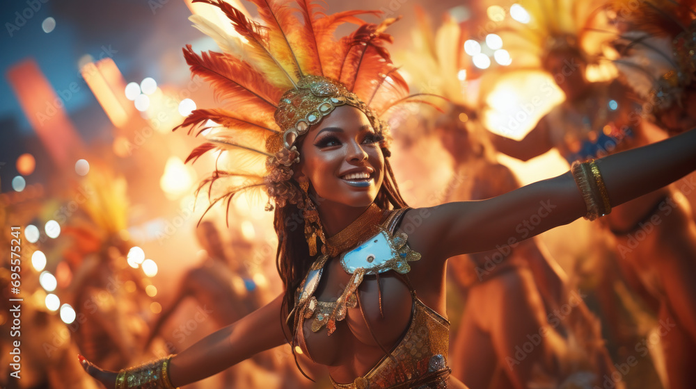 A traditional Brazilian samba school performing at a carnival. - obrazy, fototapety, plakaty 