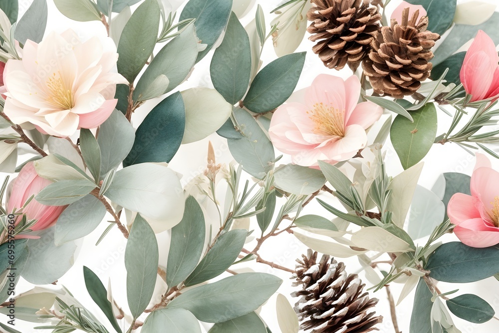 Obraz premium Watercolor winter decoration features a unique combination of magnolia leaves, rosemary branches, and spruce trees.