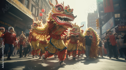 A traditional dragon dance parade through city streets.