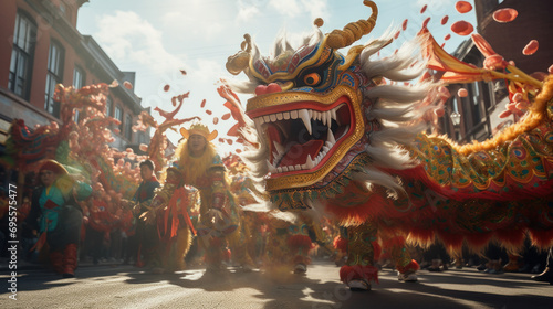 A traditional dragon dance parade through city streets. © Denis Bayrak