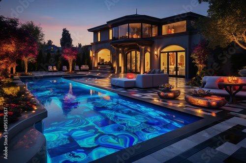 A captivating luxury backyard with a pool displaying 3D intricate patterns in neon blue, fiery red, and sun-kissed gold, flanked by a state-of-the-art barbecue station and a lush topiary garden, in