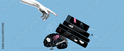 A modern collage with different textures. Concept metaphor on the theme of craving for knowledge and books. Vector illustration with newspaper clippings