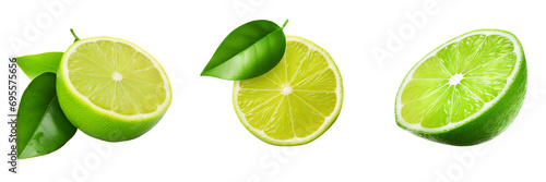 Set of green fresh lemon citrus fruit stand isolated on white and transparent background © ArunKanti