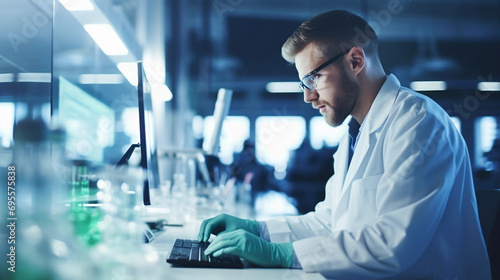 copy space, stockphoto, young man scientist with white labcoat and a modern Medical Laboratory with Team of labtechnicians in the background.