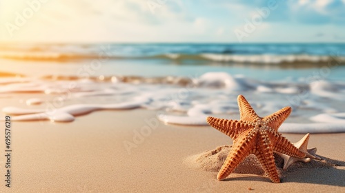 Travel vacation ideas include a starfish on a sunny beach in the ocean backdrop. © Tahir