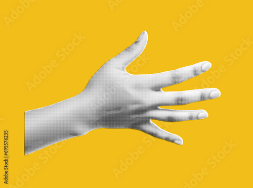 Collage hand with halftone effect. Cut out paper. Hand holds c gesture high five. Vector modern illustration