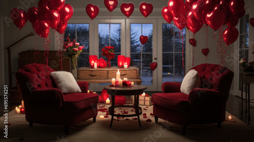 A Valentines Day themed marriage proposal setup.