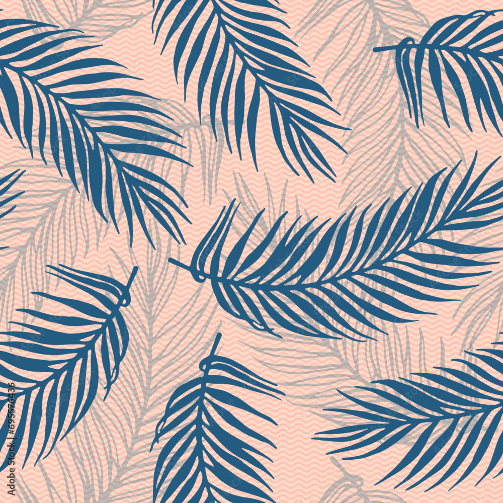 Fototapeta premium Seamless tropical palm leaves vector pattern. Floral elements over waves