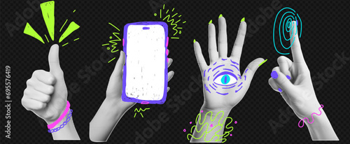 Collage element with funky doodle on transparent bg like png. Vintage vector set. Retro halftone effect. The gesture of hold phone, okay,, high five, touch screen.