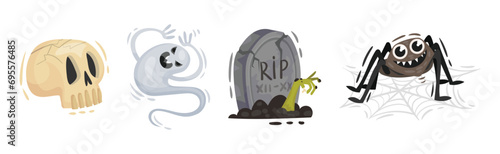 Halloween with Skull, Ghost, Tomb and Spider Vector Set