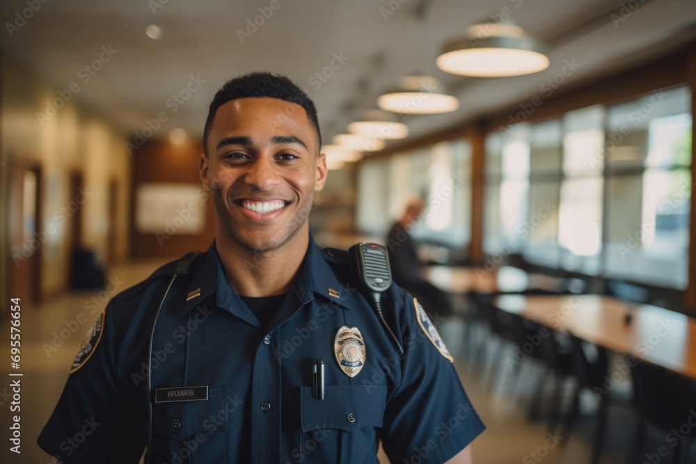Smiling Police Officer in Uniform at the Station - obrazy, fototapety, plakaty 