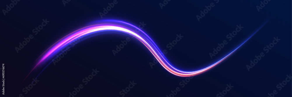 Particle motion light effect. Abstract fire flare trace lens flares. Long exposure of motorways as speed. Night motorway with light effects in neon colors purple. - obrazy, fototapety, plakaty 