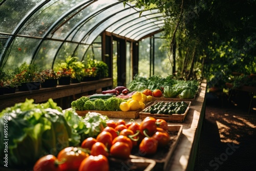 Interior of organic greenhouse with fruit and vegetables photo