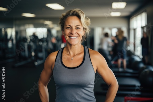 Portrait of a middle aged smiling woman in the gym