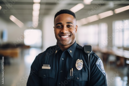 Smiling Police Officer in Uniform at the Station photo