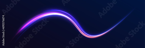 Particle motion light effect. Abstract fire flare trace lens flares. Long exposure of motorways as speed. Night motorway with light effects in neon colors purple.