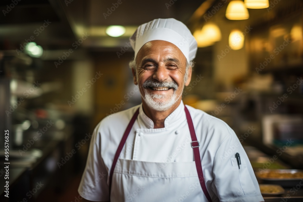 Smiling portrait of senior chef in professional kitchen