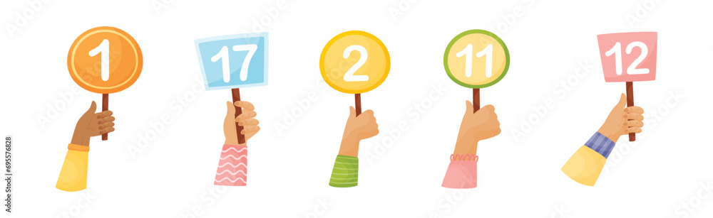 Numbers in Raised Up Hands as Numeric Scorecard for Judge Competition Vector Set Numbers in Raised Up Hands as Numeric Scorecard for Judge Competition Vector Set