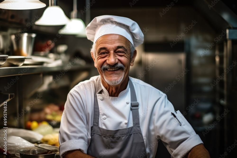 Smiling portrait of senior chef in professional kitchen Smiling portrait of senior chef in professional kitchen