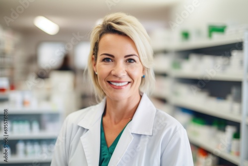 Portrait of a female pharmacist in pharmacy drugstore