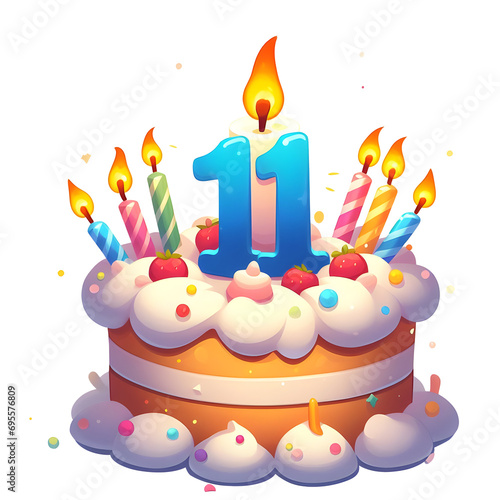 11 year old birthday cake or 11 year anniversary cake celebration with balloons and party decoration transparent background	