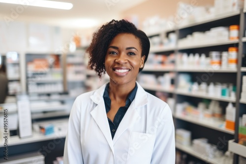 Portrait of a female pharmacist in pharmacy drugstore photo