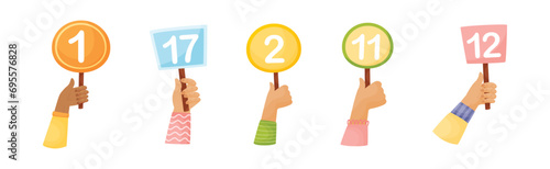 Numbers in Raised Up Hands as Numeric Scorecard for Judge Competition Vector Set