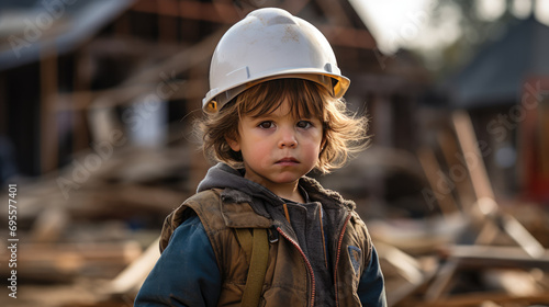 A child in a helmet at a construction site.