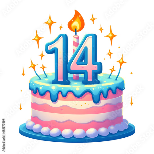 14 year old birthday cake or 14 year anniversary cake celebration with balloons and party decoration transparent background	