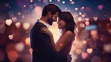 Cheerful couple in love in hearts bokeh background