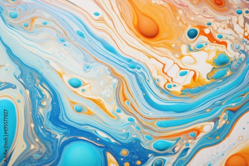  an abstract painting with blue, orange, yellow, and white swirls and drops of water on a white and blue background with a yellow droplet of color.