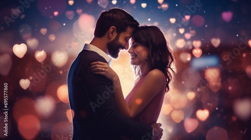 Cheerful couple in love in hearts bokeh background