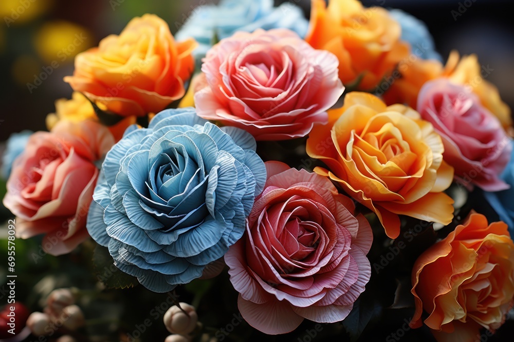 a close up of a bouquet of flowers with many colors of flowers in the middle of the bouquet, including pink, blue, orange, yellow, and pink.