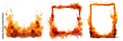 Set of mockup of a burning frame is cut out on a transparent background. The fire on the frame spreads in different directions. Concept of carelessness with fire and its consequences photo