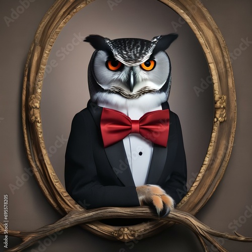 A portrait of a debonair owl in a bowtie and suit, perched on a branch2 photo