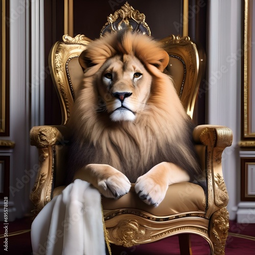 A portrait of a chic lion in an elegant robe and crown  reclining on a throne3
