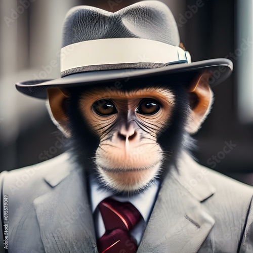 A portrait of a sophisticated monkey in a pinstripe suit and fedora hat2 photo