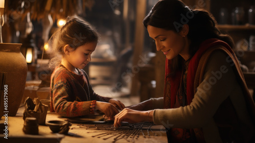 A woman teaching a young girl a traditional skill or craft.