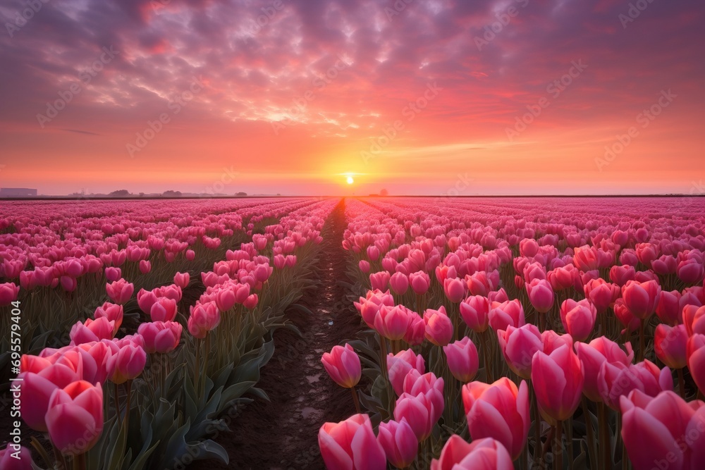 tulip field at sunset